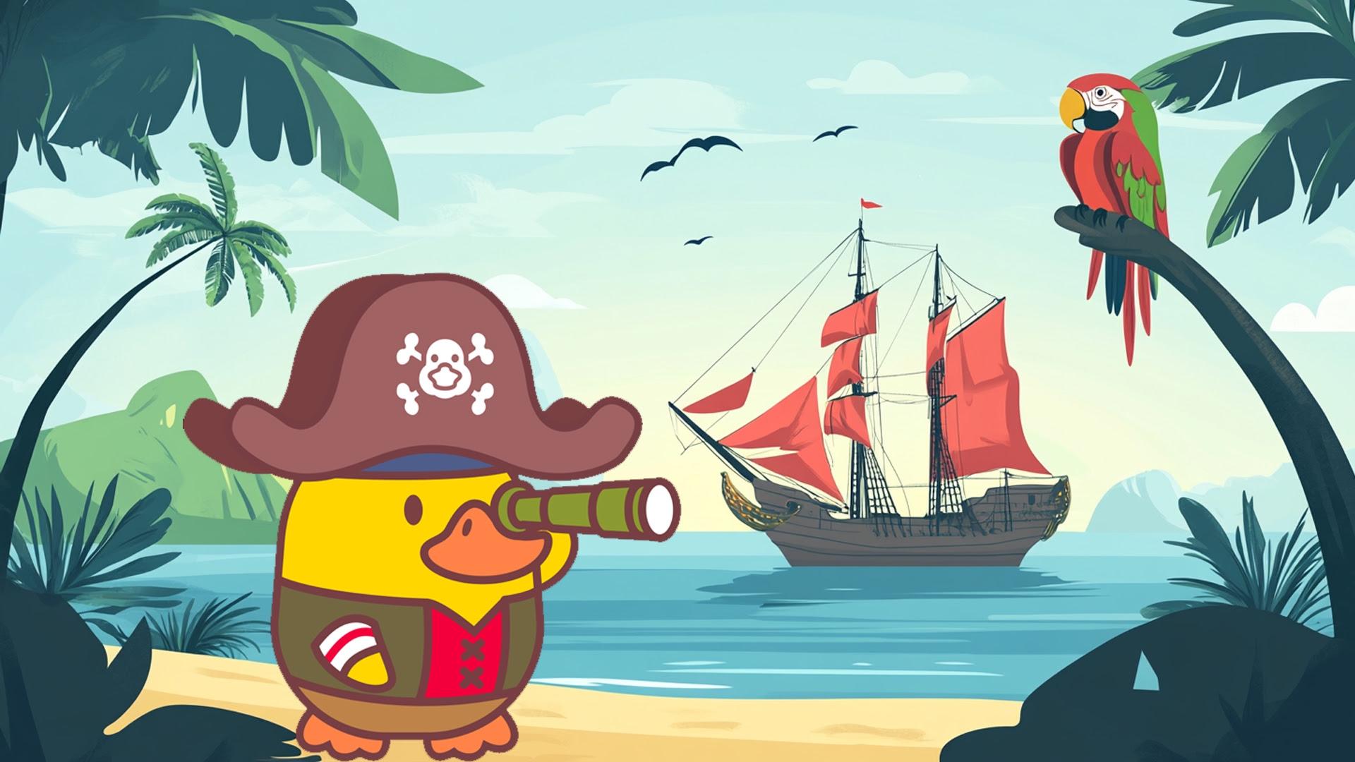 Duck pirate in jungle looking at boat