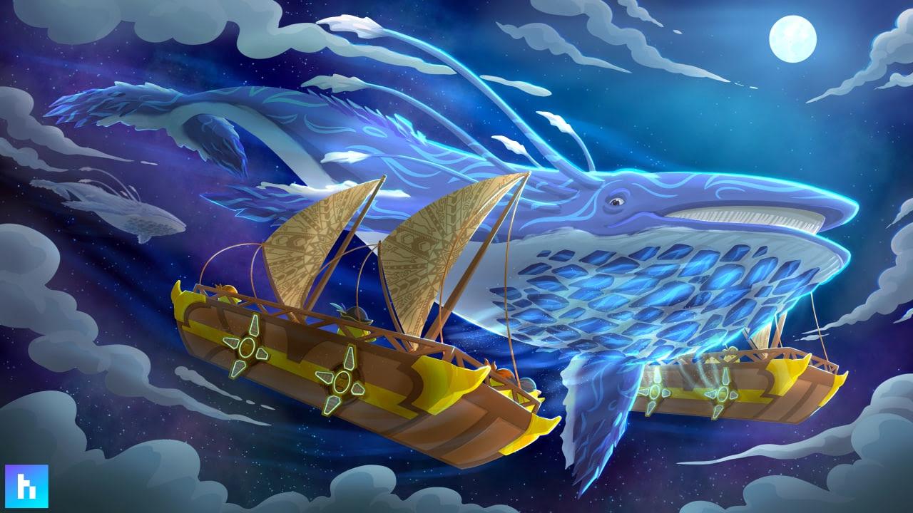 stylized design of flying ships and moonwhales